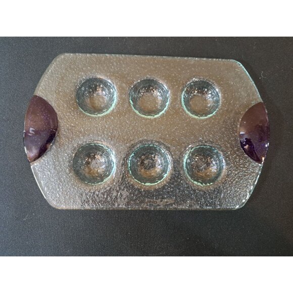 Clear Glass Art Deviled Egg Tray With Purple Accent For 6 Eggs - Picture 1 of 4